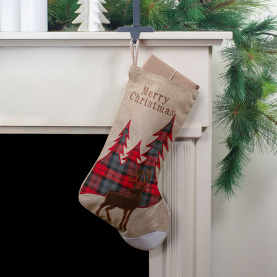 Northlight 19in Beige And Red Plaid Reindeer With Forest Trees Christmas  Stocking