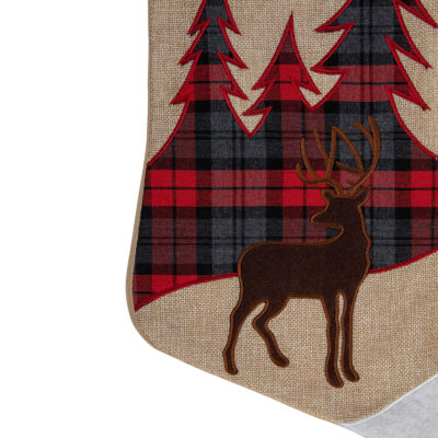 Northlight 19in Beige And Red Plaid Reindeer With Forest Trees Christmas Stocking