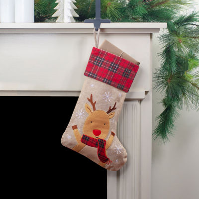 Northlight 19in Burlap Plaid Whimsical Reindeer Waiving Christmas Stocking