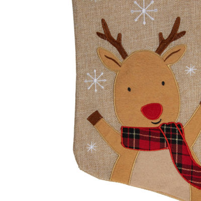 Northlight 19in Burlap Plaid Whimsical Reindeer Waiving Christmas Stocking