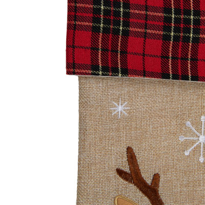 Northlight 19in Burlap Plaid Whimsical Reindeer Waiving Christmas Stocking