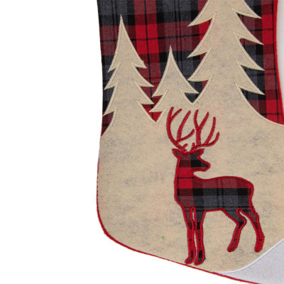 Northlight 19in Green And Red Plaid Reindeer With Forest Trees Christmas Stocking