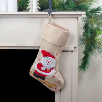 Northlight 19in Burlap Skiing Santa With Poles And Snowflakes Christmas Stocking