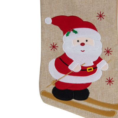 Northlight 19in Burlap Skiing Santa With Poles And Snowflakes Christmas Stocking