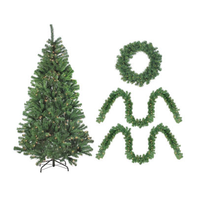 Northlight Artificial Winter Spruce 6.5ft Clear Lights Indoor Pre-Lit 5-pc. Christmas Garland & Wreath Set