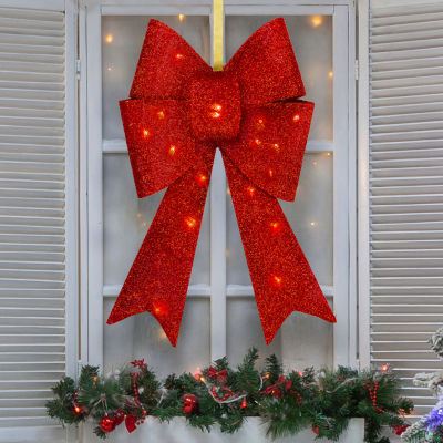 Northlight 26in Led Lighted Red Tinsel Bow Christmas Decoration Indoor Ribbons