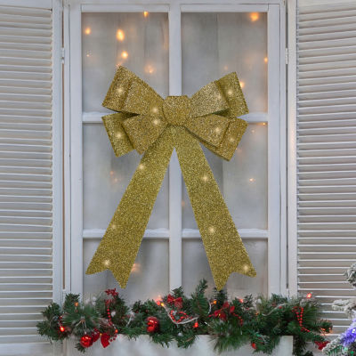 Northlight 24in Led Lighted Gold Tinsel Bow Christmas Decoration Indoor Ribbons