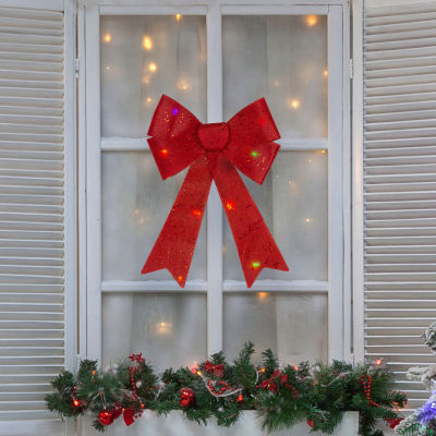 Northlight 16in Led Lighted Red Burlap Bow Christmas Decoration With Color Changing Lights Indoor Ribbons