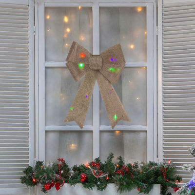 Northlight 16in Led Lighted Gold Glitter Burlap Bow Christmas Decoration With Color Changing Lights Indoor Ribbon