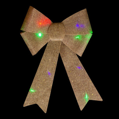 Northlight 16in Led Lighted Gold Glitter Burlap Bow Christmas Decoration With Color Changing Lights Indoor Ribbon