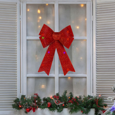 Northlight 17in Led Lighted Red Tinsel Bow Christmas Decoration With Color Changing Lights Indoor Ribbon
