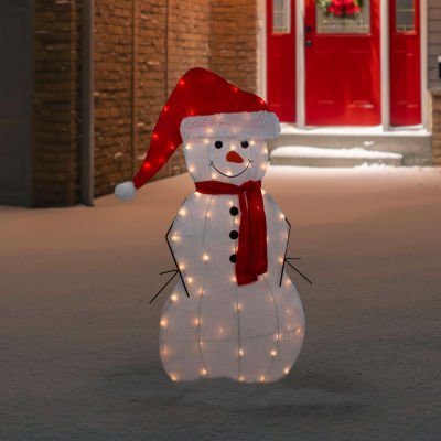 Northlight 42in Lighted 2d Chenille Snowman In Santa Hat Christmas Holiday Yard Art