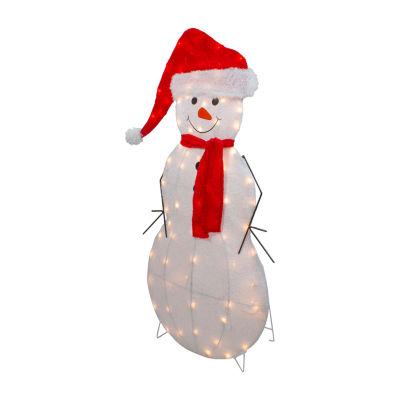 Northlight 42in Lighted 2d Chenille Snowman In Santa Hat Christmas Holiday Yard Art