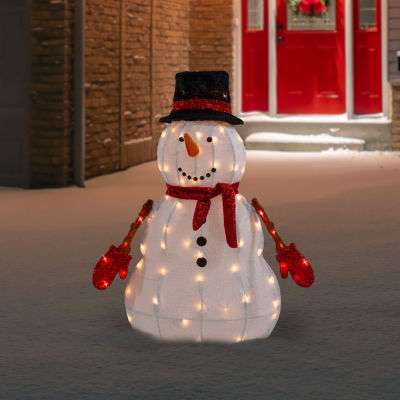 Northlight 32in Lighted 3d Chenille Snowman In Top Hat Christmas Holiday Yard Art