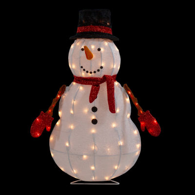 Northlight 32in Lighted 3d Chenille Snowman In Top Hat Christmas Holiday Yard Art