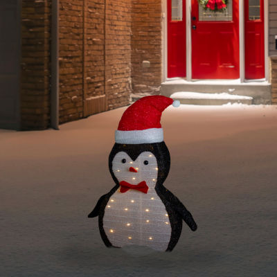 Northlight 28in Led Lighted Tinsel Penguin In Santa Hat Christmas Holiday Yard Art