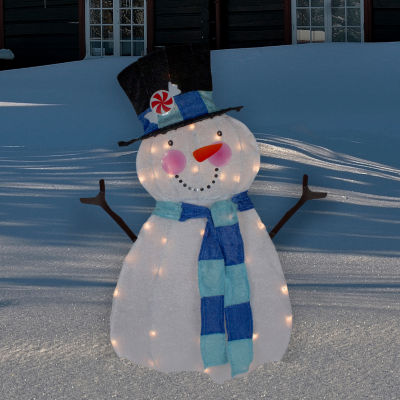 Northlight 32in Lighted White And Blue Chenille Snowman Christmas Holiday Yard Art