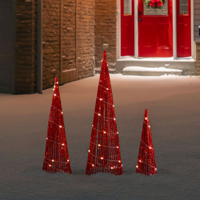 Northlight Set Of 3 Led Lighted Red Glitter Cone Tree  23.5in Christmas Holiday Yard Art