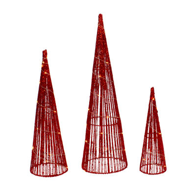Northlight Set Of 3 Led Lighted Red Glitter Cone Tree  23.5in Christmas Holiday Yard Art