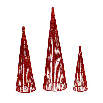 Northlight Set Of 3 Led Lighted Red Glitter Cone Tree  23.5in Christmas Yard Art