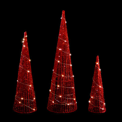 Northlight Set Of 3 Led Lighted Red Glitter Cone Tree  23.5in Christmas Holiday Yard Art