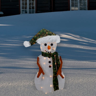 Northlight 24in Lighted White And Green Chenille Snowman Christmas Holiday Yard Art