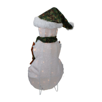 Northlight 24in Lighted White And Green Chenille Snowman Christmas Holiday Yard Art