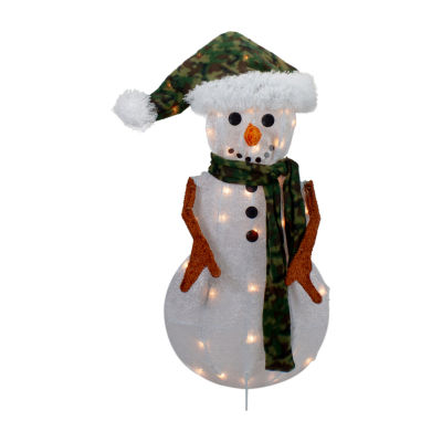 Northlight 24in Lighted White And Green Chenille Snowman Christmas Yard Art