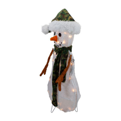 Northlight 24in Lighted White And Green Chenille Snowman Christmas Holiday Yard Art