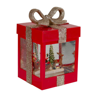 Northlight 7in Red Gift Box Christmas With Santa And Reindeer Lighted Round SnowGlobes