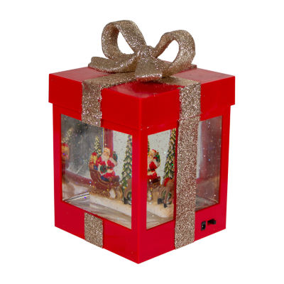Northlight 7in Red Gift Box Christmas With Santa And Reindeer Lighted Round SnowGlobes