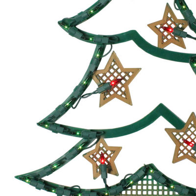 Northlight 17.75in Lighted Green And Gold Tree With Stars Silhouette Christmas Holiday Window Decor