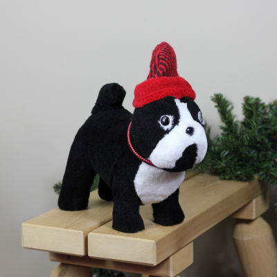 Northlight 11.5in Black And White Plush Standing Bulldog With Red Hat Christmas Figurine