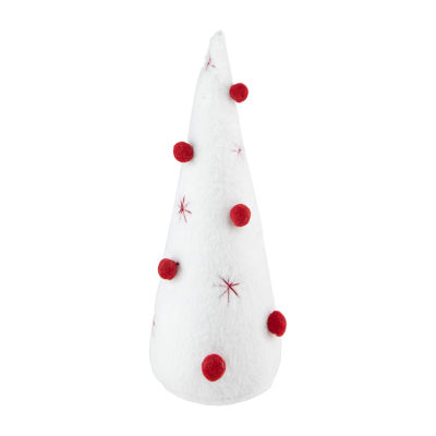 Northlight 11in White Plush Christmas Cone Tree With Red Pompom Ornaments Christmas Tabletop Decor