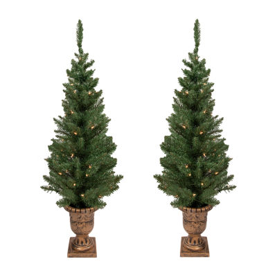 Northlight Set Of 2 Potted Porch Topiary Slim Artificial Clear Lights 4 Foot Pre-Lit Pine Christmas Tree
