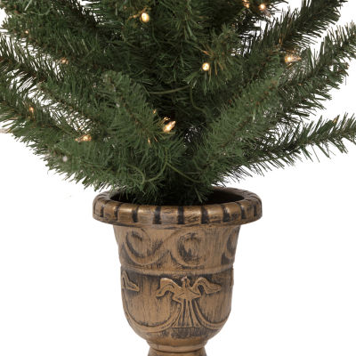Northlight Set Of 2 Potted Porch Topiary Slim Artificial Clear Lights 4 Foot Pre-Lit Pine Christmas Tree