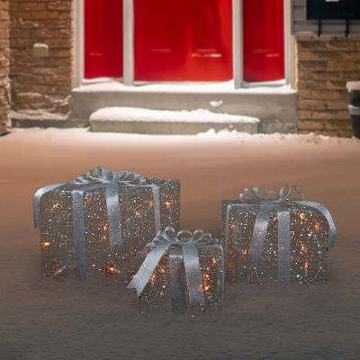 Northlight Set Of 3 Led Lighted Silver Glitter Threaded Gift Boxes Outdoor Decoration Christmas Yard Art
