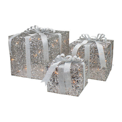 Northlight Set Of 3 Led Lighted Silver Glitter Threaded Gift Boxes Outdoor Decoration Christmas Yard Art