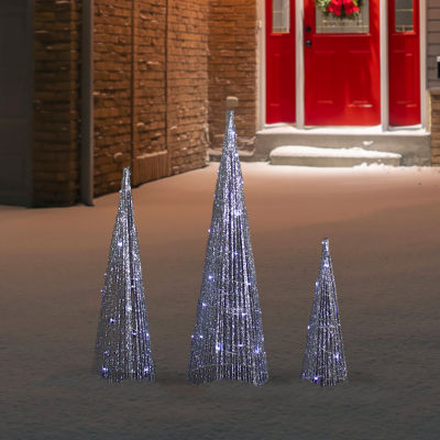 Northlight Set Of 3 Led Lighted Silver Glitter Cone Tree  23.5in Christmas Holiday Yard Art