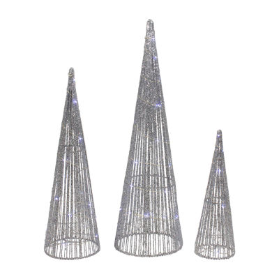 Northlight Set Of 3 Led Lighted Silver Glitter Cone Tree  23.5in Christmas Holiday Yard Art