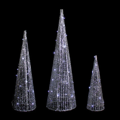 Northlight Set Of 3 Led Lighted Silver Glitter Cone Tree  23.5in Christmas Yard Art