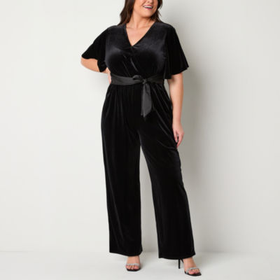 Black Satin Jumpsuit - Short Sleeve Jumpsuit - Wide-Leg Jumpsuit