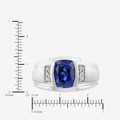 Mens Sterling Silver Lab Created Cushion Cut Blue Sapphire Ring