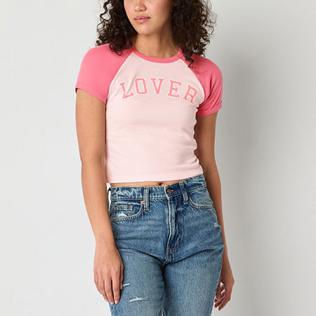 Jerry Leigh Lover Raglan Baby Tee Womens Crew Neck Short Sleeve Crop Top Juniors, Large, Pink