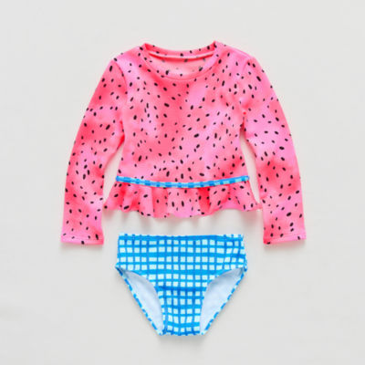 Okie Dokie Toddler & Little Girls Textured Gingham Rash Guard Set