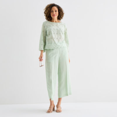 Liz Claiborne Linen Womens Wide Leg Mid Rise Cropped Pant