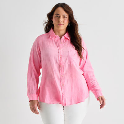 St. John's Bay Womens Plus Long Sleeve Relaxed Fit Button-Down Shirt