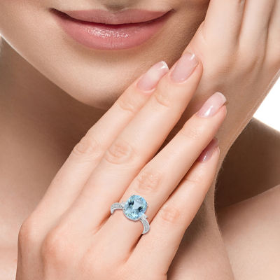 Womens Genuine Blue Aquamarine & 1/10 CT. T.W. Mined Diamond 14K White Gold Oval Cocktail Ring