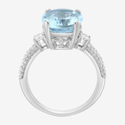 Womens Genuine Blue Aquamarine & 1/10 CT. T.W. Mined Diamond 14K White Gold Oval Cocktail Ring