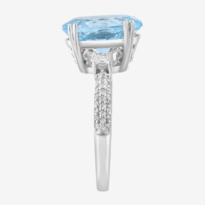 Womens Genuine Blue Aquamarine & 1/10 CT. T.W. Mined Diamond 14K White Gold Oval Cocktail Ring